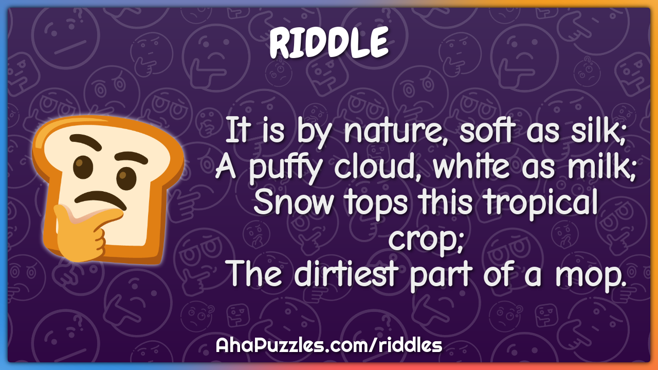 It is by nature, soft as silk; A puffy cloud, white as milk; Snow tops...
